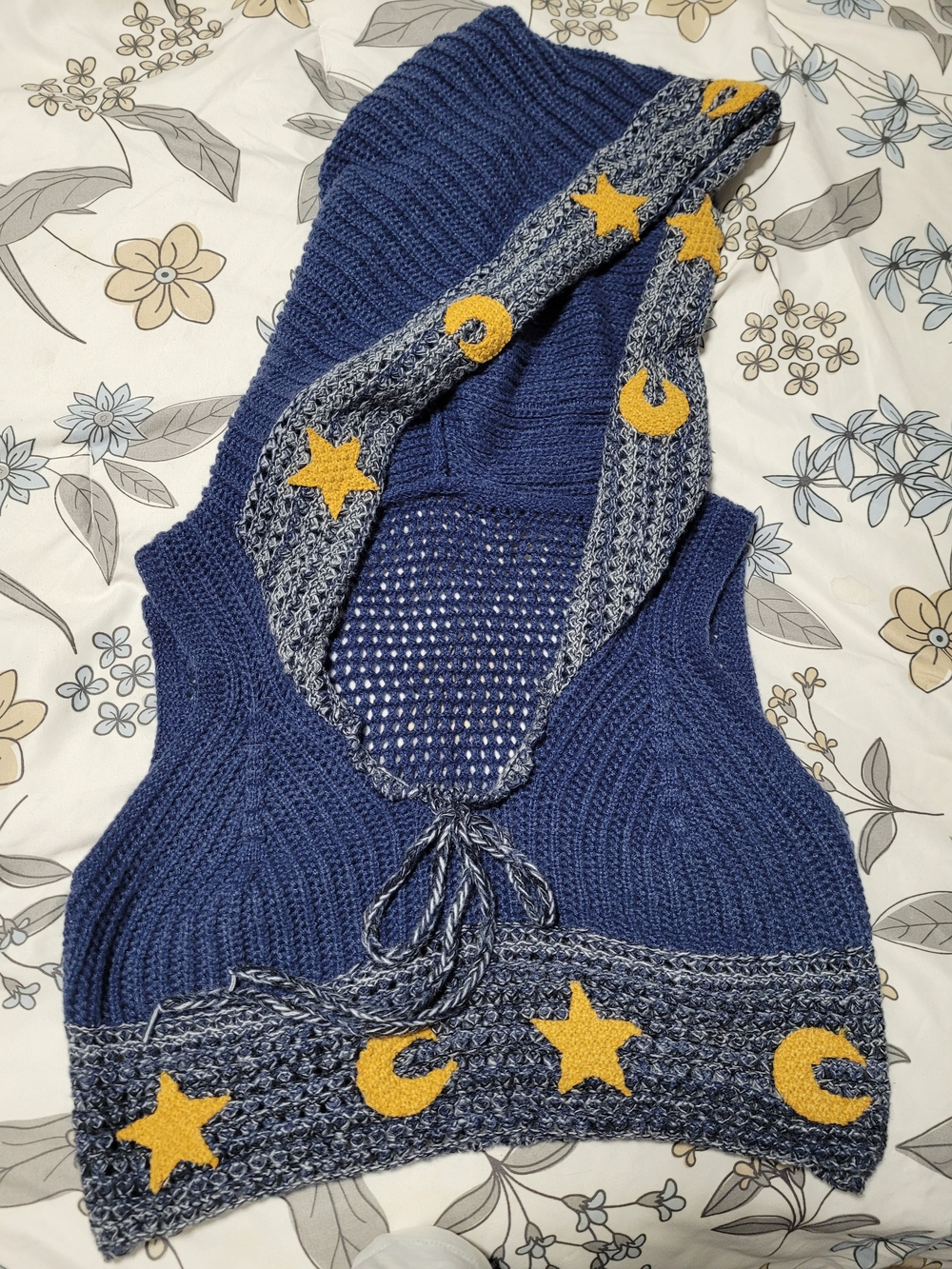 Blue Hooded Knit One-Piece with Yellow Star & Moon Appliqués